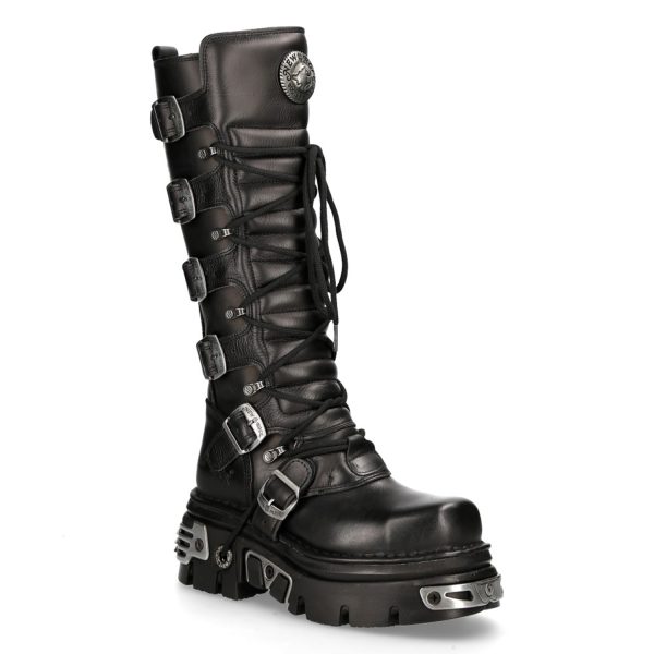Bottes Hautes Coquées New Rock Metallic En Cuir Noir vente en ligne pas cher 3