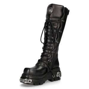 Bottes Hautes Coquées New Rock Metallic En Cuir Noir vente en ligne pas cher 16