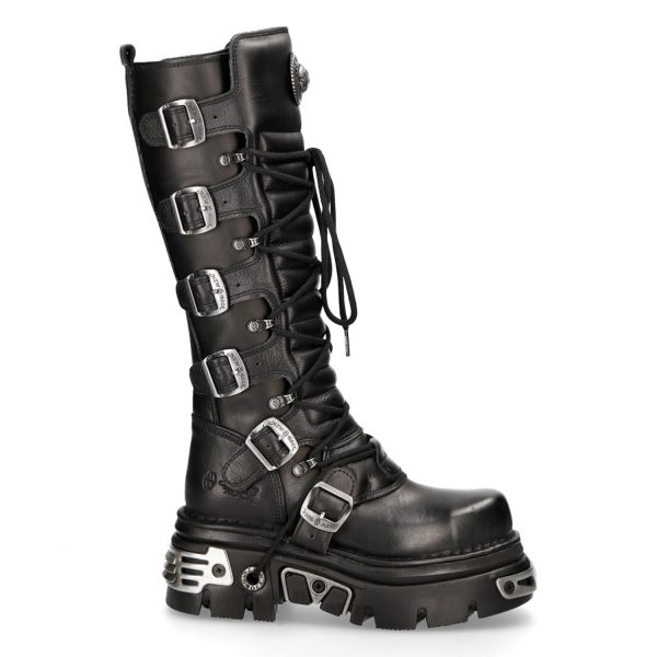 Bottes Hautes Coquées New Rock Metallic En Cuir Noir vente en ligne pas cher 1