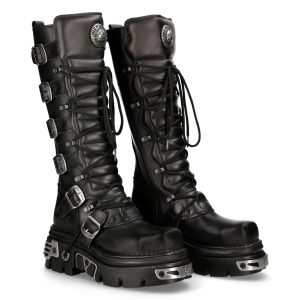 Bottes Hautes Coquées New Rock Metallic En Cuir Noir vente en ligne pas cher 24