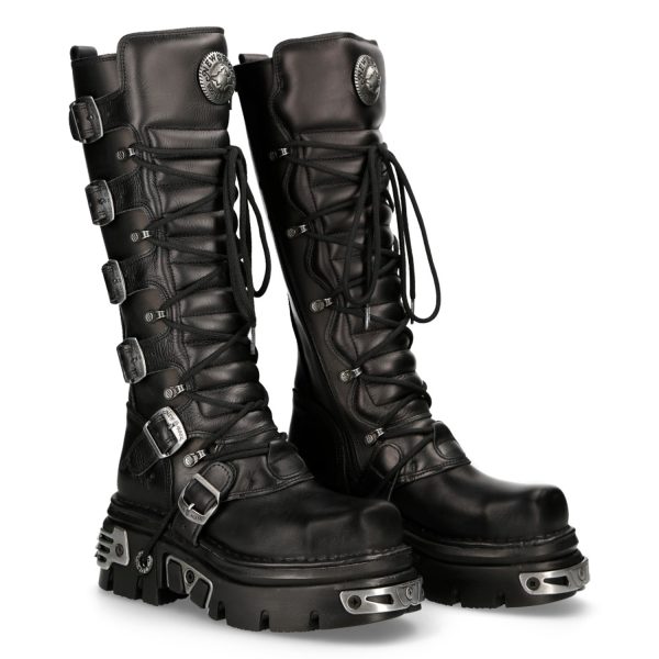 Bottes Hautes Coquées New Rock Metallic En Cuir Noir vente en ligne pas cher 9