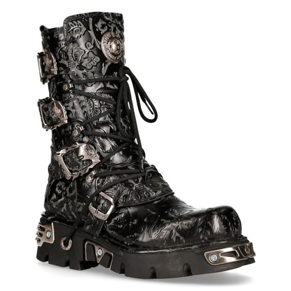 Bottes New Rock Metallic En Cuir Vintage Flower Noir à prix réduits 3