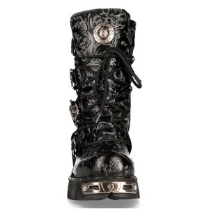 Bottes New Rock Metallic En Cuir Vintage Flower Noir à prix réduits 14