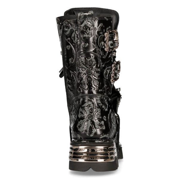 Bottes New Rock Metallic En Cuir Vintage Flower Noir à prix réduits 6