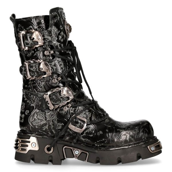 Bottes New Rock Metallic En Cuir Vintage Flower Noir à prix réduits 1