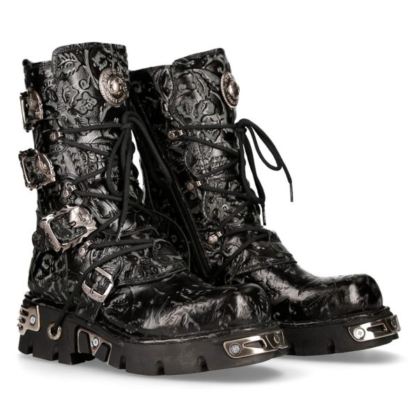 Bottes New Rock Metallic En Cuir Vintage Flower Noir à prix réduits 9