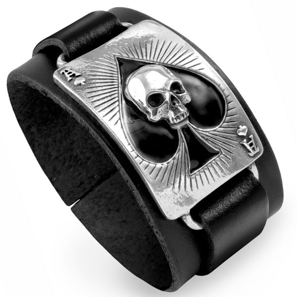 styles dernier cri ALCHEMY GOTHIC Bracelet ‘Ace Of Dead’ En Cuir Noir 1