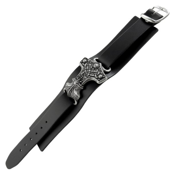 solde en ligne ALCHEMY GOTHIC Bracelet ‘Thunderhammer’ En Cuir Noir 4