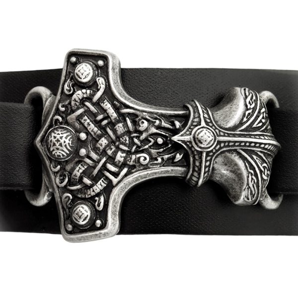 solde en ligne ALCHEMY GOTHIC Bracelet ‘Thunderhammer’ En Cuir Noir 5