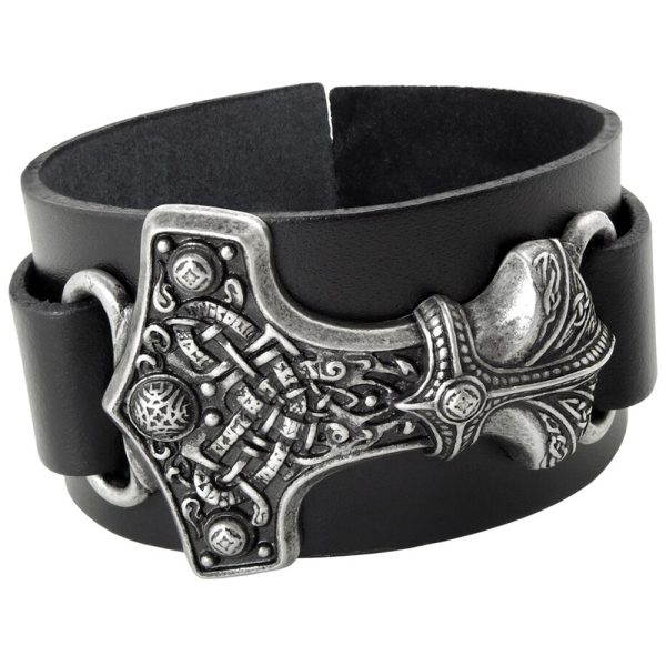 solde en ligne ALCHEMY GOTHIC Bracelet ‘Thunderhammer’ En Cuir Noir 1