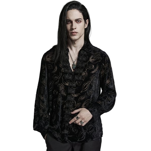PUNK RAVE Chemise ‘Piranha’ En Velours Noir REMISE allant jusqu. 3