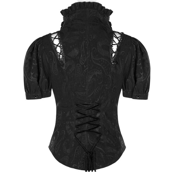 bas prix PUNK RAVE Chemisier Gothique ‘Le Fleur Noire’ à Manches Courtes 10
