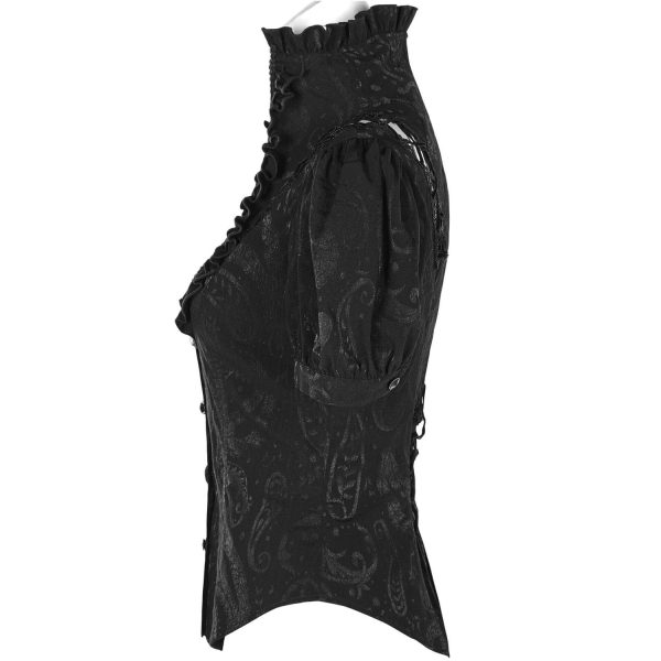 bas prix PUNK RAVE Chemisier Gothique ‘Le Fleur Noire’ à Manches Courtes 11