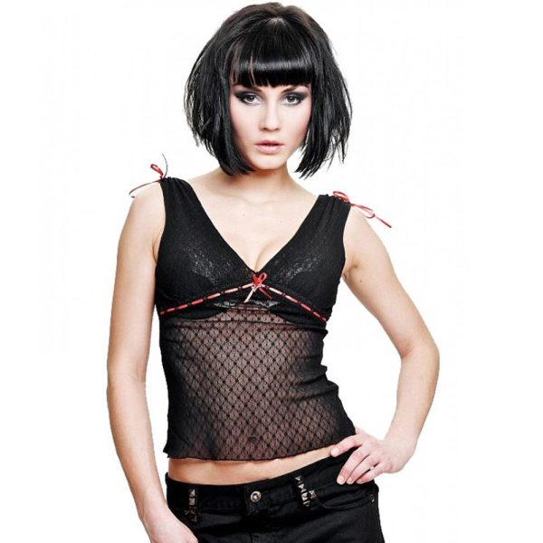 Meilleur Prix QUEEN OF DARKNESS Haut En Dentelle Transparente Avec Ruban Rouge En… 1