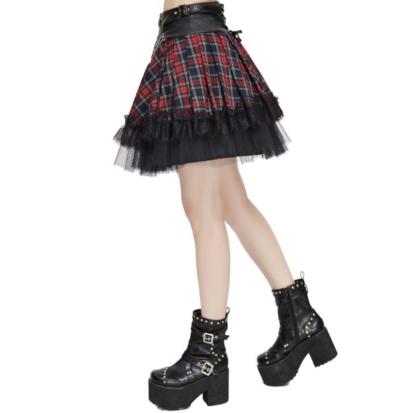 excellents soldes DEVIL FASHION Jupe ‘Punk Lace Up’ En Tartan Et Simili Cuir 14