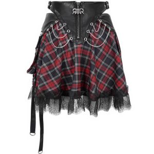 excellents soldes DEVIL FASHION Jupe ‘Punk Lace Up’ En Tartan Et Simili Cuir 48