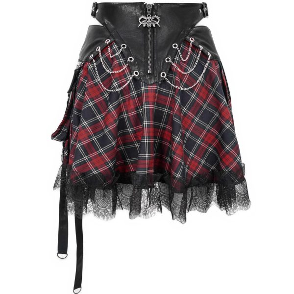 excellents soldes DEVIL FASHION Jupe ‘Punk Lace Up’ En Tartan Et Simili Cuir 15