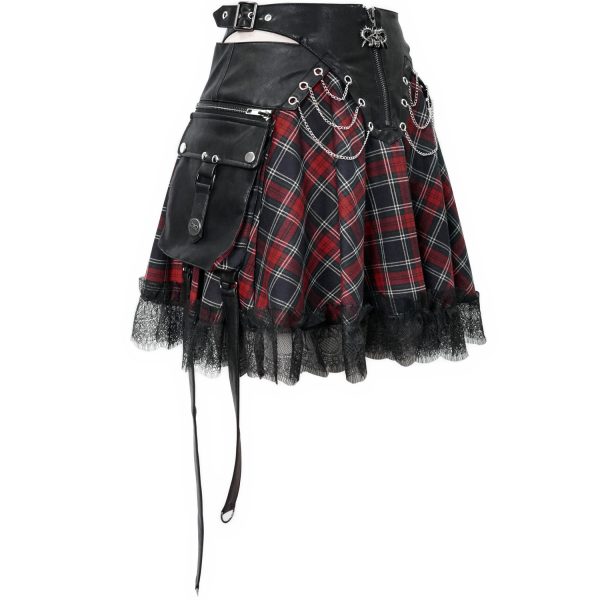 excellents soldes DEVIL FASHION Jupe ‘Punk Lace Up’ En Tartan Et Simili Cuir 18