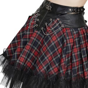 excellents soldes DEVIL FASHION Jupe ‘Punk Lace Up’ En Tartan Et Simili Cuir 56