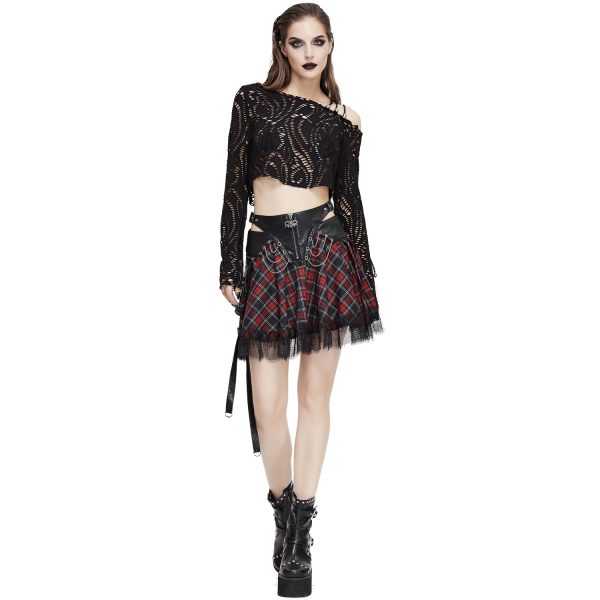 excellents soldes DEVIL FASHION Jupe ‘Punk Lace Up’ En Tartan Et Simili Cuir 5