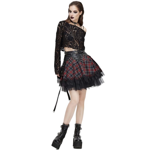 excellents soldes DEVIL FASHION Jupe ‘Punk Lace Up’ En Tartan Et Simili Cuir 7