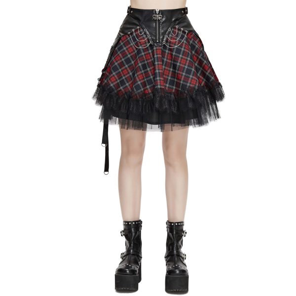 excellents soldes DEVIL FASHION Jupe ‘Punk Lace Up’ En Tartan Et Simili Cuir 1