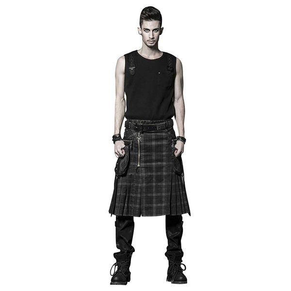 ﻿soldes PUNK RAVE Kilt ‘Bersek’ En Tartan à Carreaux Marrons Et Noirs 3