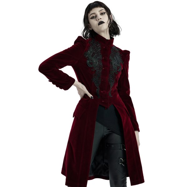 PUNK RAVE Manteau Mi-Long ‘Dark Doll’ En Velours Rouge Vente 3