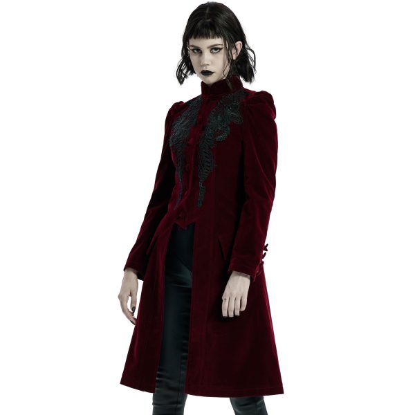 PUNK RAVE Manteau Mi-Long ‘Dark Doll’ En Velours Rouge Vente 5