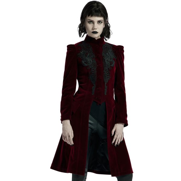 PUNK RAVE Manteau Mi-Long ‘Dark Doll’ En Velours Rouge Vente 6