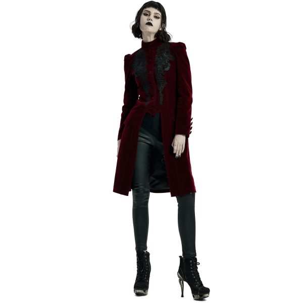 PUNK RAVE Manteau Mi-Long ‘Dark Doll’ En Velours Rouge Vente 10