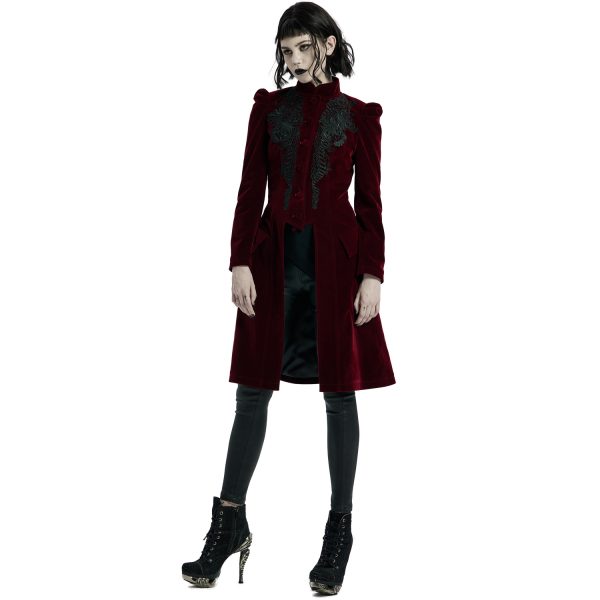 PUNK RAVE Manteau Mi-Long ‘Dark Doll’ En Velours Rouge Vente 11