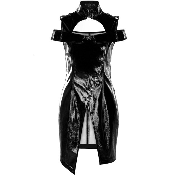 magasin pour PUNK RAVE Mini Robe ‘Techno Geisha’ En Simili Cuir Noir Verni 1