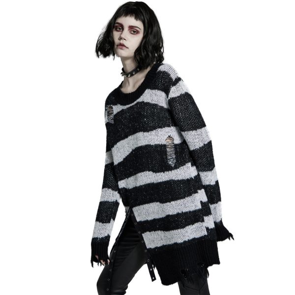 grand choix PUNK RAVE Pull ‘Dark Doll’ à Rayures Noires Et Blanches 12