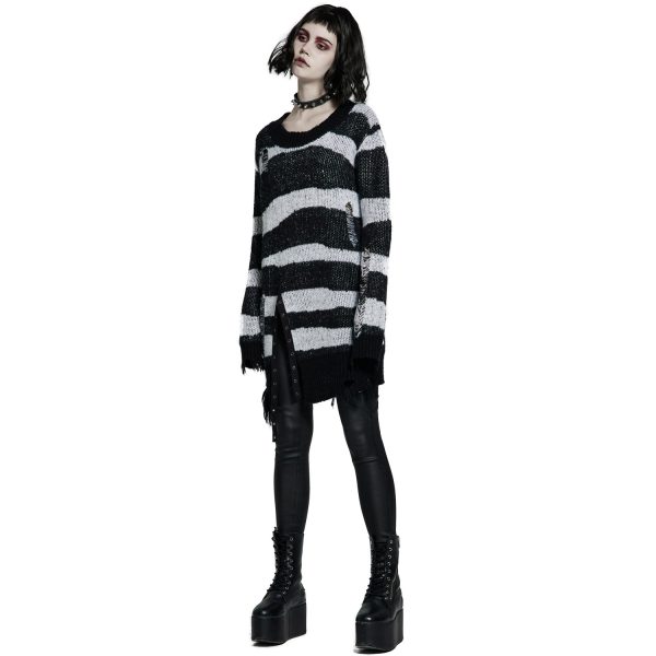 grand choix PUNK RAVE Pull ‘Dark Doll’ à Rayures Noires Et Blanches 5