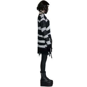 grand choix PUNK RAVE Pull ‘Dark Doll’ à Rayures Noires Et Blanches 30