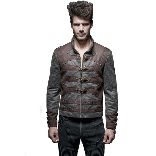 grande popularité PUNK RAVE Veste Steampunk ‘Aviator’ Noire Délavée Et Marron 3