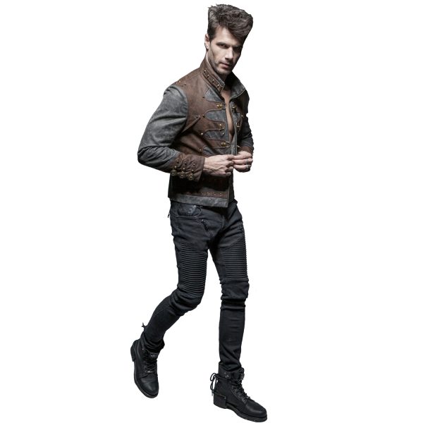 grande popularité PUNK RAVE Veste Steampunk ‘Aviator’ Noire Délavée Et Marron 5